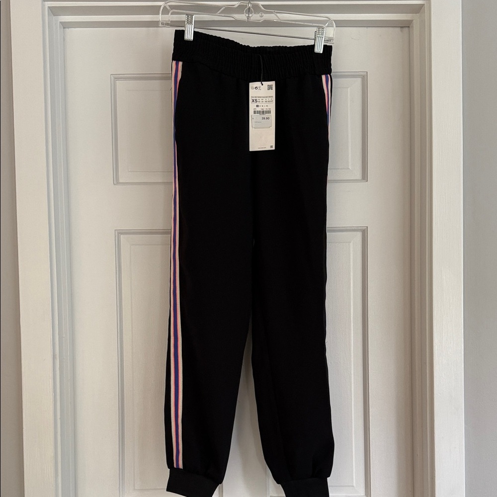 Zara women Black Joggers with Pink Accents